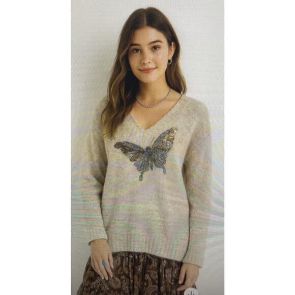 Zara Women's Tan Beige Alpaca Wool Knit Butterfly Sequin Beaded Sweater small - Picture 1 of 12